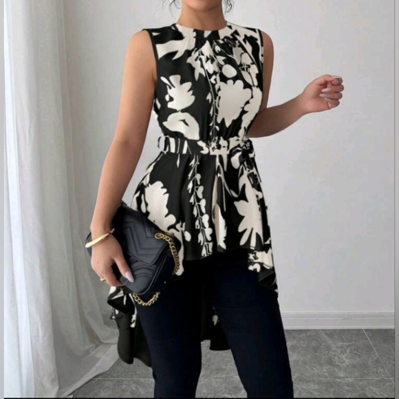 Women's Floral Retro Print Self-Tie Waist Asymmetrical Hem Short Sleeve Blouse - Picture 3 of 5